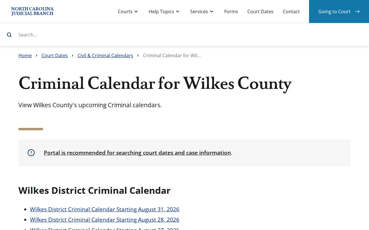 Wilkes County criminal court calendar official endpoint